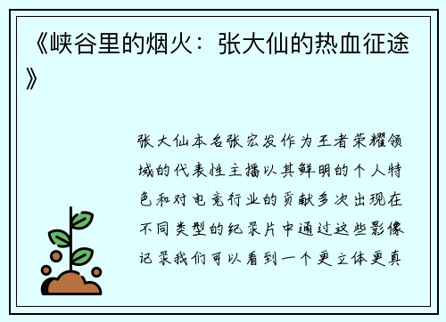 《峡谷里的烟火：张大仙的热血征途》